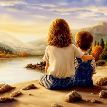 Watercolor illustration of a young brother and sister enjoying the outdoor scenery