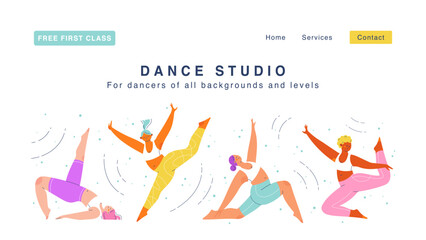 Dance studio landing page design . Modern website home page background template.
