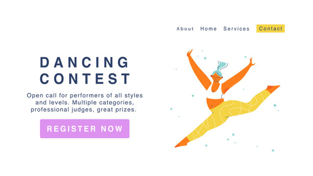 Dancing competition open call landing page design . Modern website home page background template.
