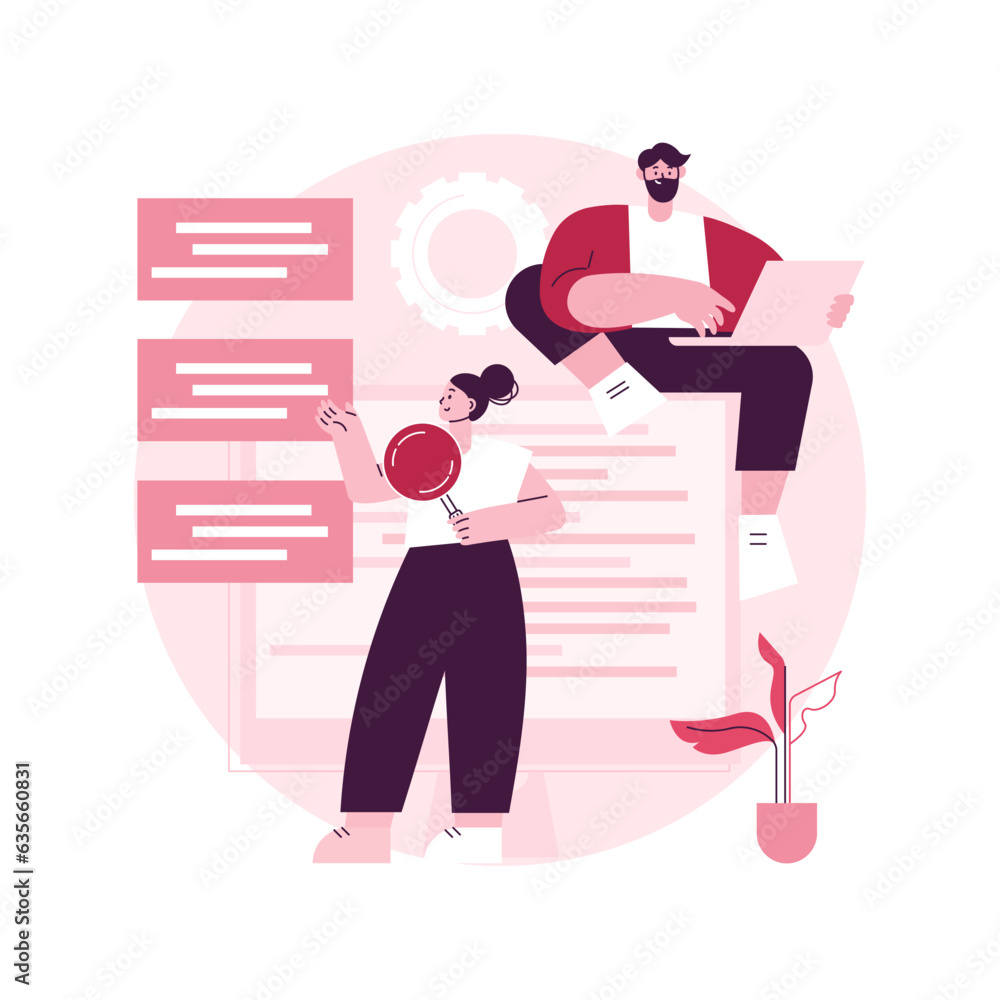 Poster software requirement description abstract concept vector illustration. software system description, 