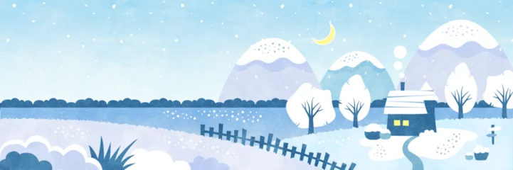 Fotobehang 静かな冬の夜の風景 雪と自然と水辺の家の水彩背景イラスト © soo.