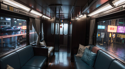 interior of a bus viewing rain in the city street - Generative AI