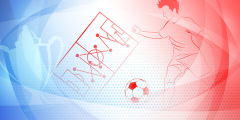 Soccer background with a football player kicking the ball and other sport symbols in national colors of France