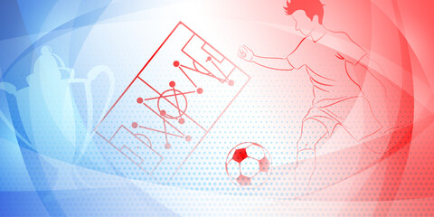 Fototapeta premium Soccer background with a football player kicking the ball and other sport symbols in national colors of France