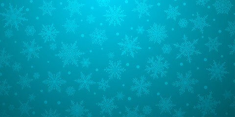 Fototapeta na wymiar Christmas background of beautiful complex snowflakes in light blue colors. Winter illustration with falling snow