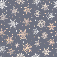 Christmas seamless pattern of beautiful complex snowflakes in gray and white colors. Winter background with falling snow