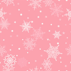 Fototapeta na wymiar Christmas seamless pattern of beautiful complex snowflakes in pink and white colors. Winter background with falling snow