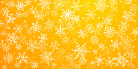 Christmas background of beautiful complex snowflakes in yellow colors. Winter illustration with falling snow