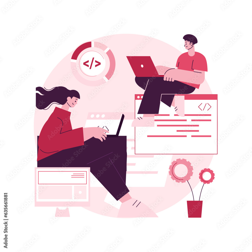 Aufkleber software development team abstract concept vector illustration. remote teamwork, digital team on dem
