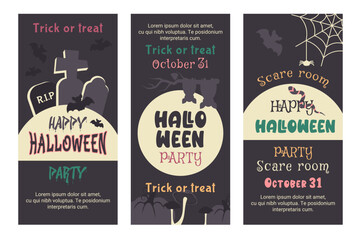 Happy Halloween. Set of vertical flyer, poster, invitation. Hand drawn elements. Moon, silhouette of bat, spider, spooky cemetery, pumpkin. Autumn holiday of dead. Vector cartoon illustration