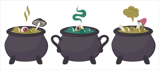 Set of Potion cauldron isolated. Hand drawn magic Witches' brew for Halloween party. Old vats with green liquid, fly agaric, mushrooms, eyes, steam. Autumn holiday of dead. Vector cartoon illustration