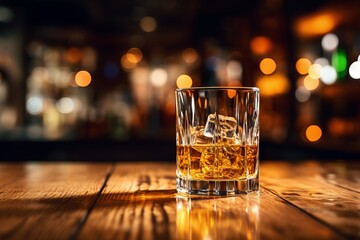 Smooth whiskey glass on bar table with ice, Generative AI - obrazy, fototapety, plakaty