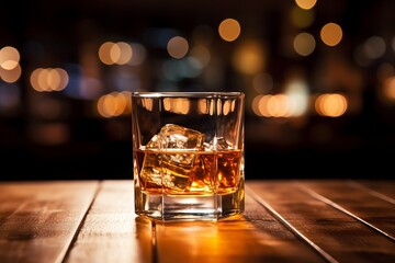 Smooth whiskey glass on bar table with ice, Generative AI