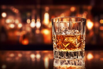 Smooth whiskey glass on bar table with ice, Generative AI