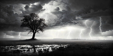 A lone tree in a muddy field. Lightning crashes down in the distance. Black and white.
