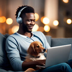 An African American man wearing headphones is on his laptop computer while sitting on the sofa with his dog at home