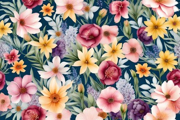 watercolor floral pattern on dark background, hand painted