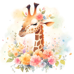 Colorful Flowers with Baby Giraffe and Space for Text, Watercolor Style