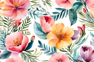 Seamless watercolor floral pattern. Loose flowers painting