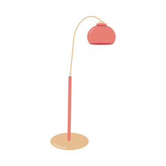 Lighting devices for decorating any home interior. Pink floor lamp with a long leg. Interior design. Vector flat illustration...