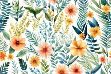 Spring pattern with flowers and plants. Watercolor floral illustration.Seamless pattern