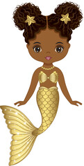 Vector Pretty Black Mermaid with Golden Fishtail