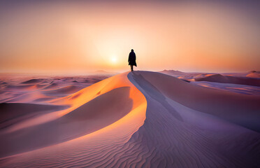 Fototapeta na wymiar Lonely girl walks on high dune of desert in evening light, AI generated