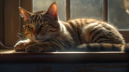 Serene Cat Basking in Sunlight, Curled Up on a Cozy Windowsill