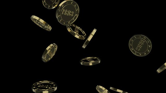 BRICS coins falling, 3D animation with alpha channel