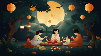 Mid Autumn Festival. Show a family sitting outside their traditional house, sharing moon cakes and stories under a tree 