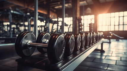 Weight and dumbells on dumbell rack inside gym 