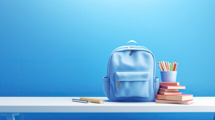 School desk with bag and school accessory on blue background with copy space 3D Rendering, 3D Illustration