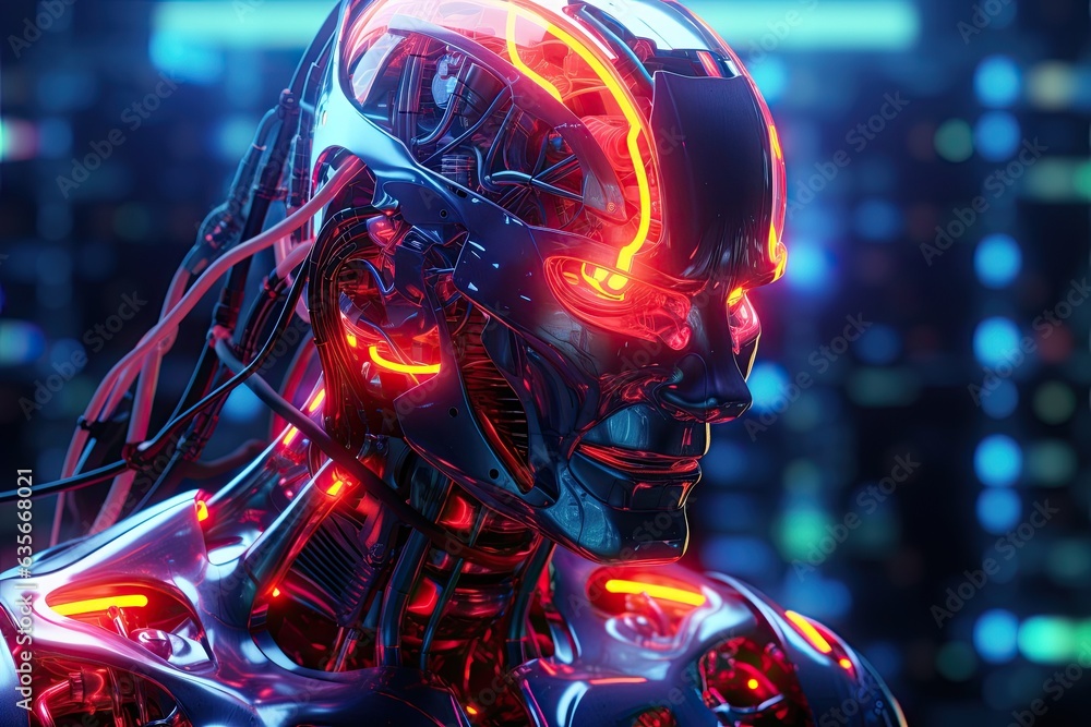 Poster immersed in neon glow, robotic entity exudes futuristic technology and artificial intelligence.