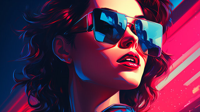Synthwave 3d retro cyberpunk style landscape background banner or wallpaper. Bright neon pink and purple colors, generative ai © Artofinnovation