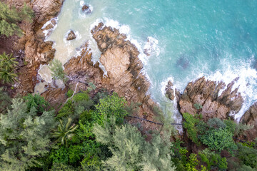 Aerial View Drone shot of waves crashing on seashore, Sea ocean background