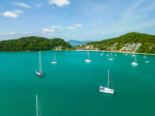 Aerial view of beautiful sea summer landscape seashore with travel boats at Phuket island Thailand, Beautiful seacoast view at open sea in summer season