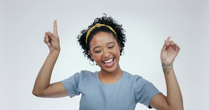 Face, Woman And Dance For Success In Studio With Freedom, Celebrate Party And Winning Lottery Bonus. Portrait, Happy Model And Dancing For Celebration, Energy And Excited Music On White Background