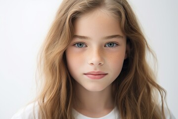 Fototapeta premium a closeup photo portrait of a beautiful young white european american blonde model teen girl looking forward with green blue eyes. child ad with copyspace. isolated on white background. Generative AI