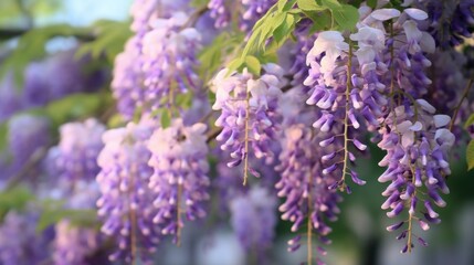 Wisteria flowers on lilac background with copy space Generative AI.