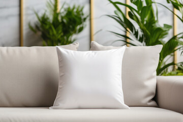 White decorative pillow mock up on the couch Generative AI