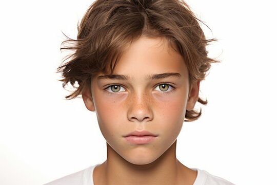 a closeup photo portrait of a beautiful young white european american blonde model teen boy looking forward. child ad with copyspace. isolated on white background. Generative AI
