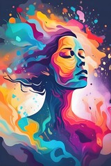 Portrait of a woman dissolving in colors. Mental health. 