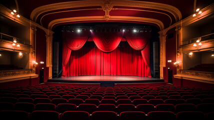 Theatre or stand up comedy stage with spotlights, podium and red curtain