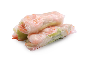 Tasty spring rolls with shrimps, carrot and lettuce on white background