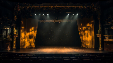 Theatre or stand up comedy stage with spotlights, podium and red curtain - obrazy, fototapety, plakaty