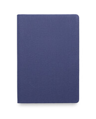 Closed blue office notebook isolated on white, top view