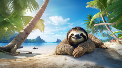 Cute sloth chilling on tropical island during summer  - obrazy, fototapety, plakaty
