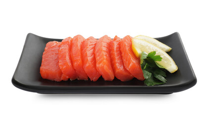 Delicious salmon sashimi served with lemon and parsley isolated on white