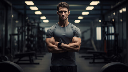 Male muscular personal trainer in fitness gym portrait  - obrazy, fototapety, plakaty