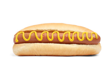 Delicious hot dog with mustard on white background